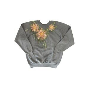Vintage 80s Pannill Hand Painted Floral Crewneck Sweatshirt Grey Large USA